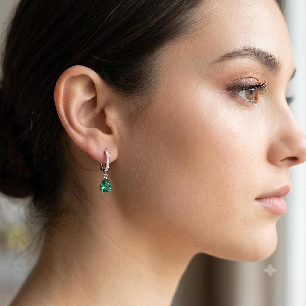 925 Silver Green Drop Hoops