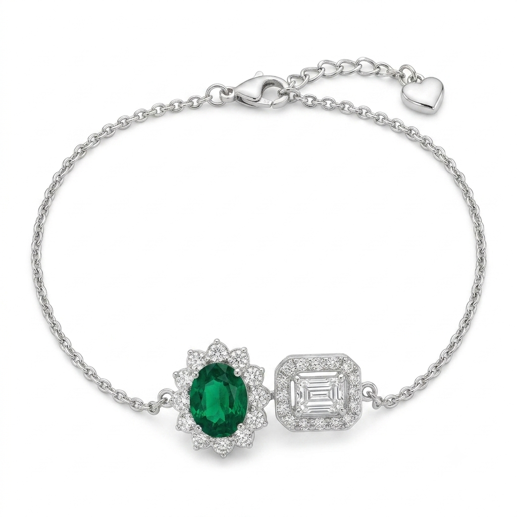 Silver Oval& Square Dark Green Bracelet