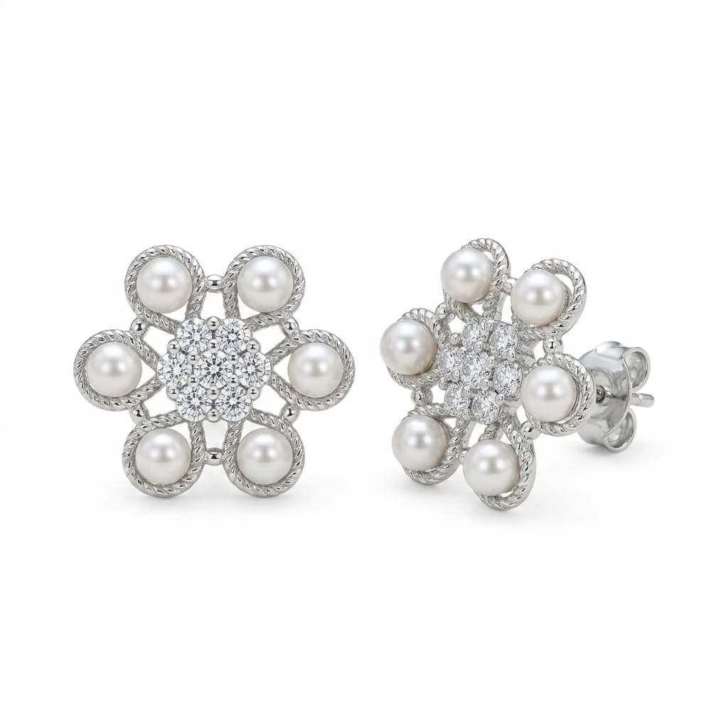 925 Silver Pearl Flower Diamond Earrings