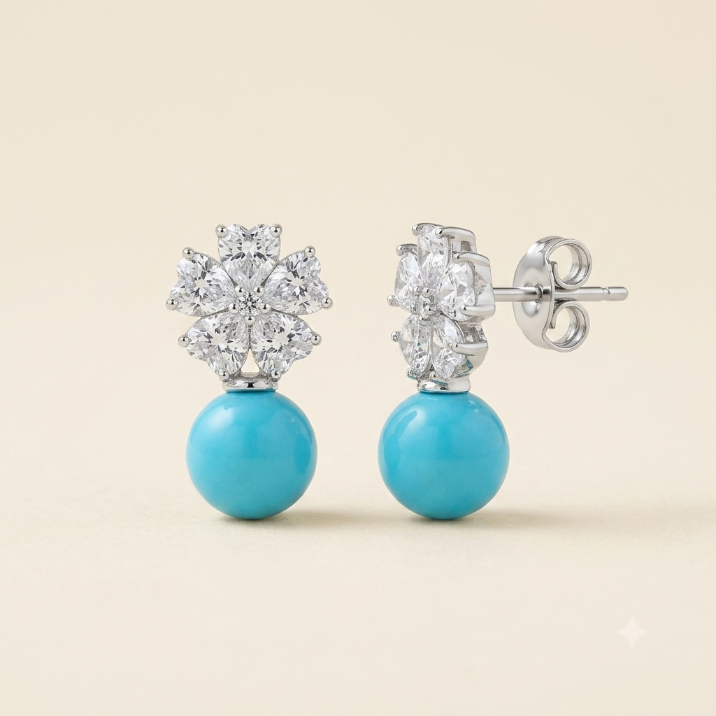 925 Silver Heart Flower Earrings - Light Blue