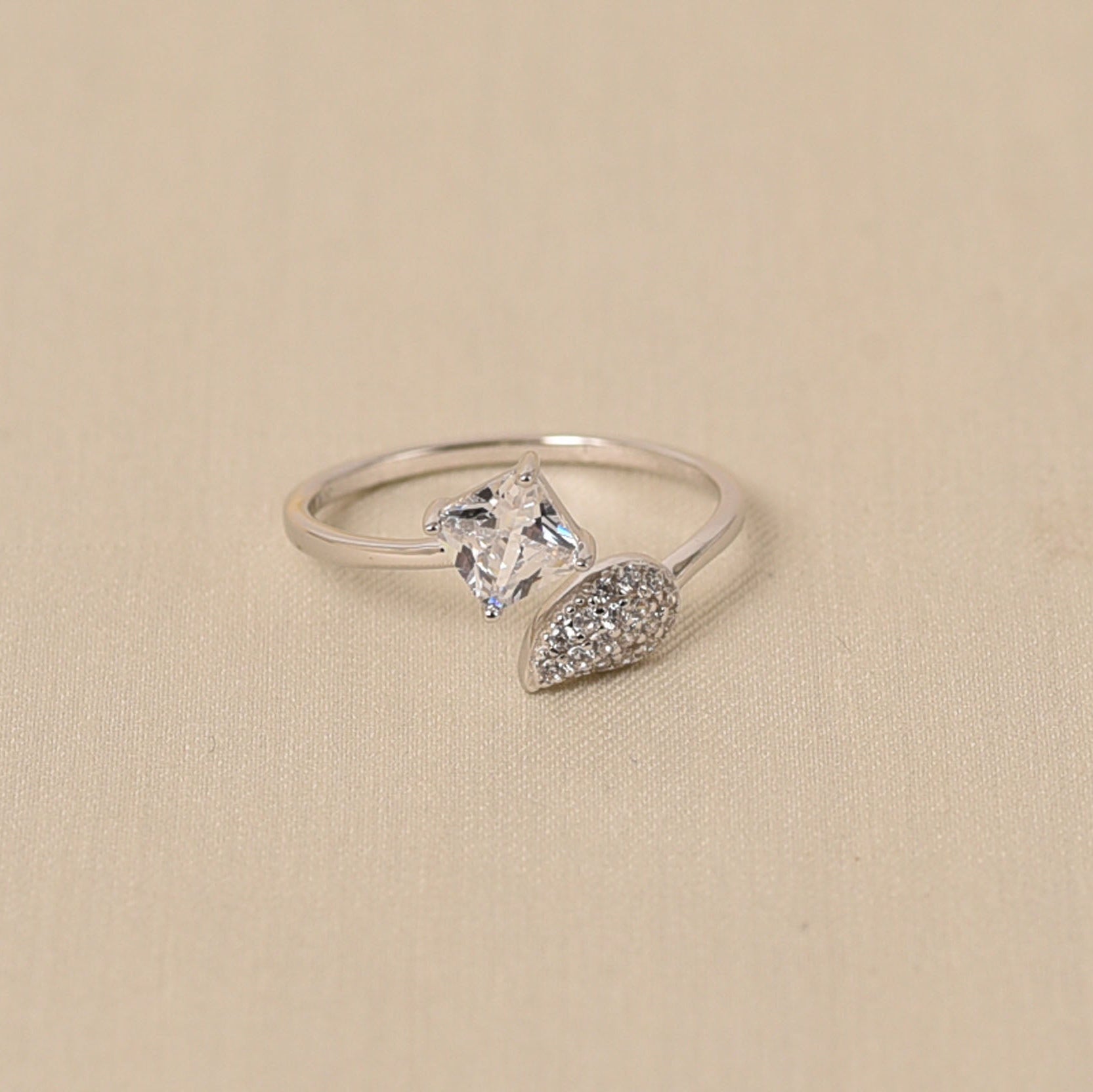 925 Silver Leaf and Square Adjustable Ring for Women - Elyta