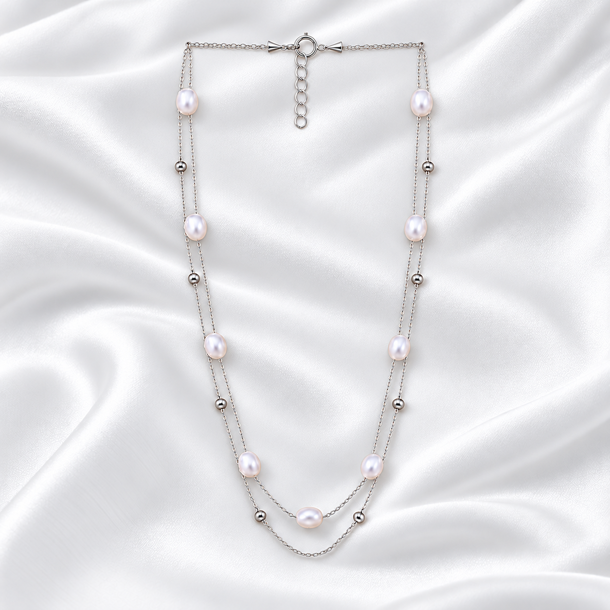 925 Silver Layered Pearls & Beaded Necklace
