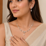 Silver Petal Diamond Pearl Necklace Set