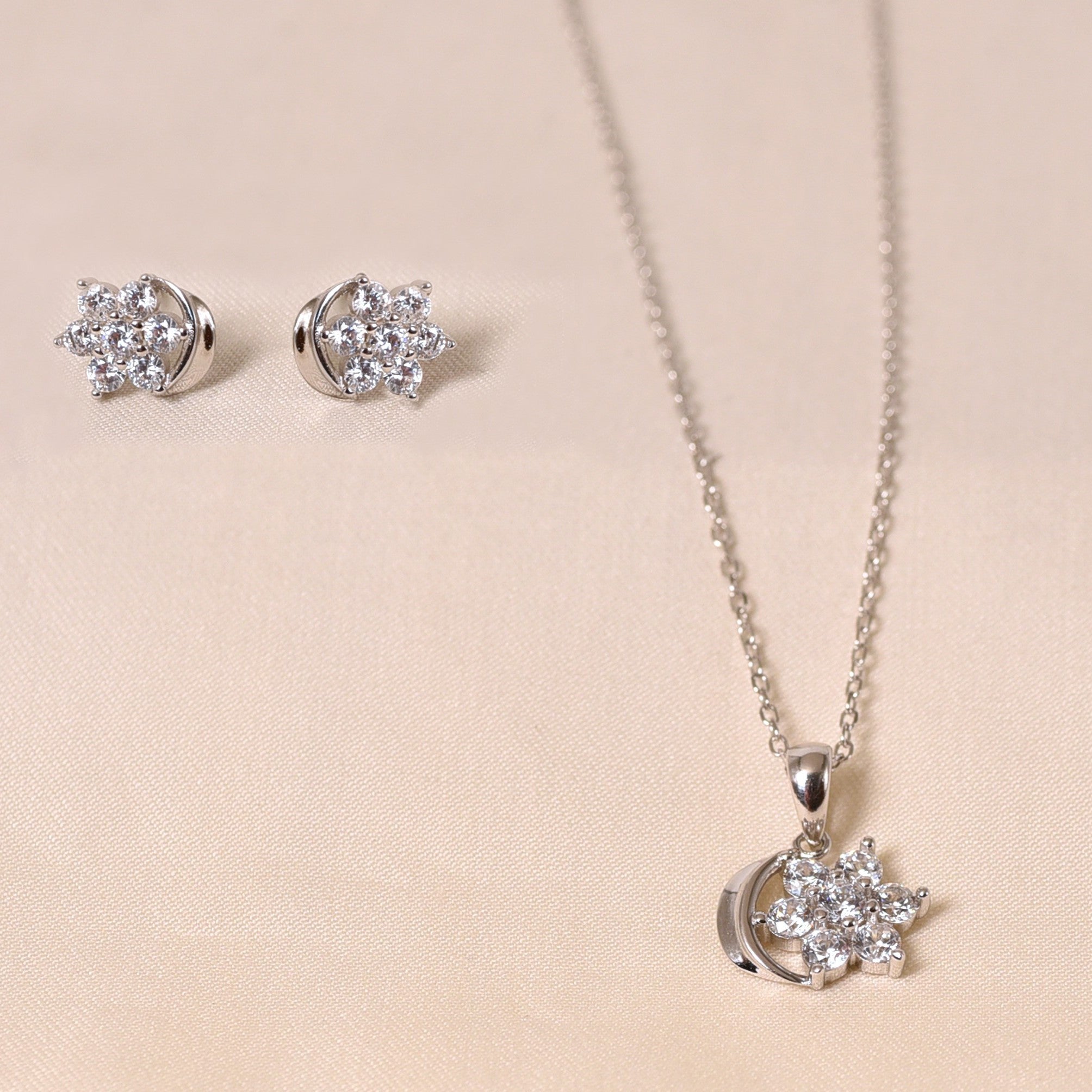 Silver Moon Flower Pendant Set With Chain