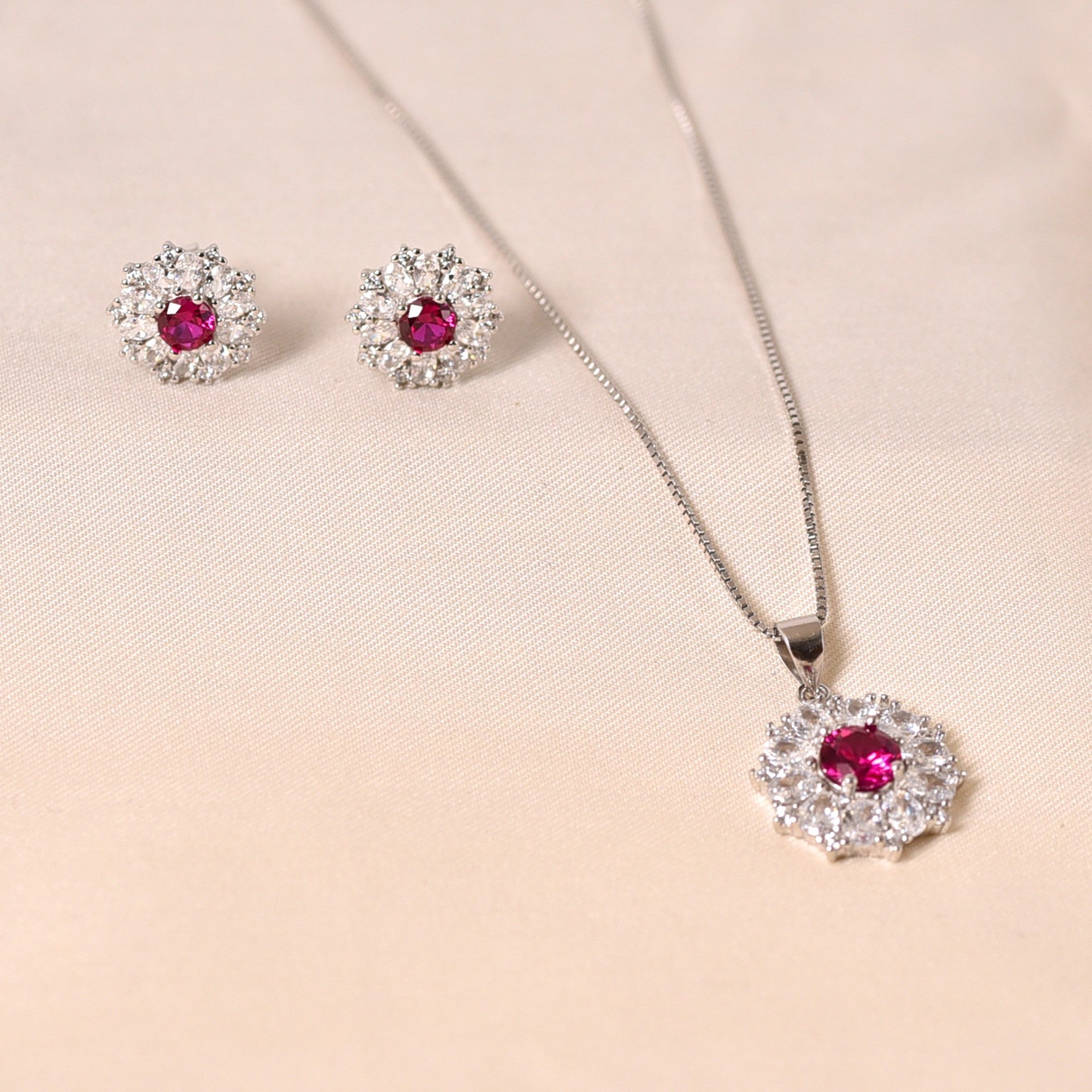 Sunflower Pendant Set Without Chain - Dark Pink