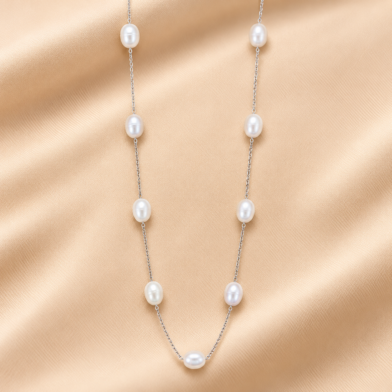925 Silver Stringed Oval Pearl Necklace