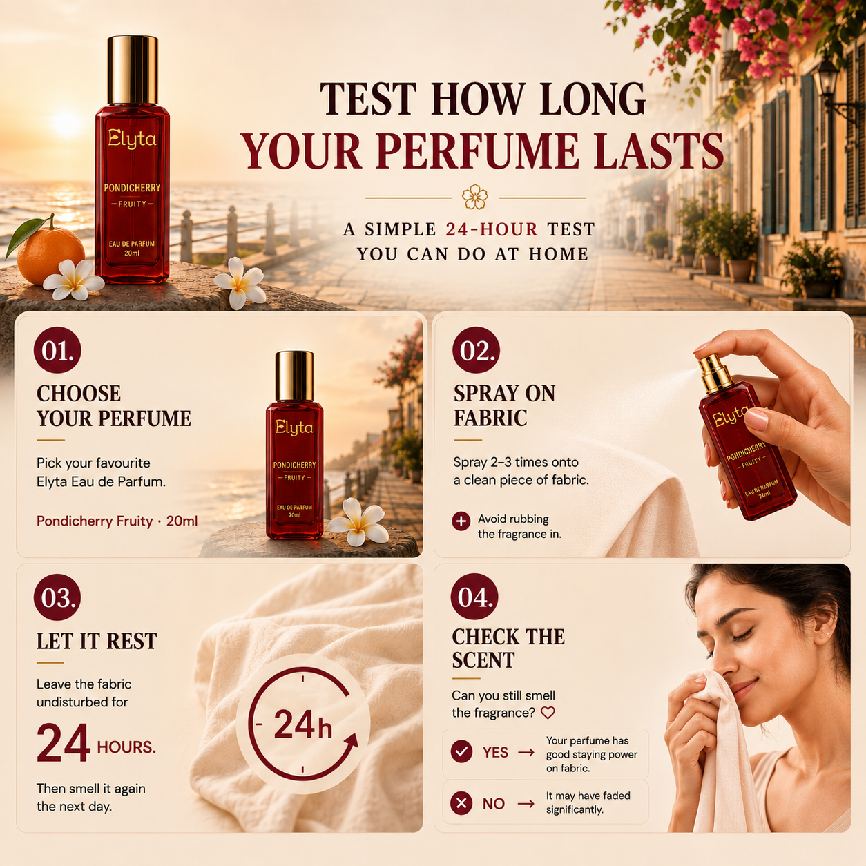 An infographic-style product explainer for a perfume bottle labeled Elyta, showing the bottle at the top left and four numbered steps below on a warm beach background. The text explains how to test perfume longevity: choose perfume, spray on fabric, let it rest 24 hours, and check the scent.