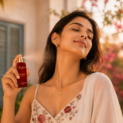 A woman outdoors holds a red spray bottle labeled 'Elyta Pondicherry' and sprays it, with a fine mist visible in the air. She is wearing a white floral top and a delicate necklace, with warm sunlight and blurred greenery in the background.