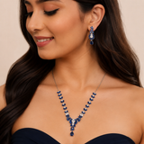 Silver Garland Leaves Necklace Set - Blue