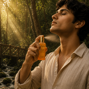 A man in a light beige linen shirt holds a bottle of Elyta Sacred Forest Perfume and sprays it onto his face, set against a warm, sun-drenched forest background with a wooden bridge and stream.