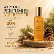 A bottle of Elyta Sacred Forest Sandalwood Eau de Parfum displayed on a stone slab with pinecones and dried botanicals, set against a warm beige background with promotional text highlighting up to 20% perfume oil concentration.