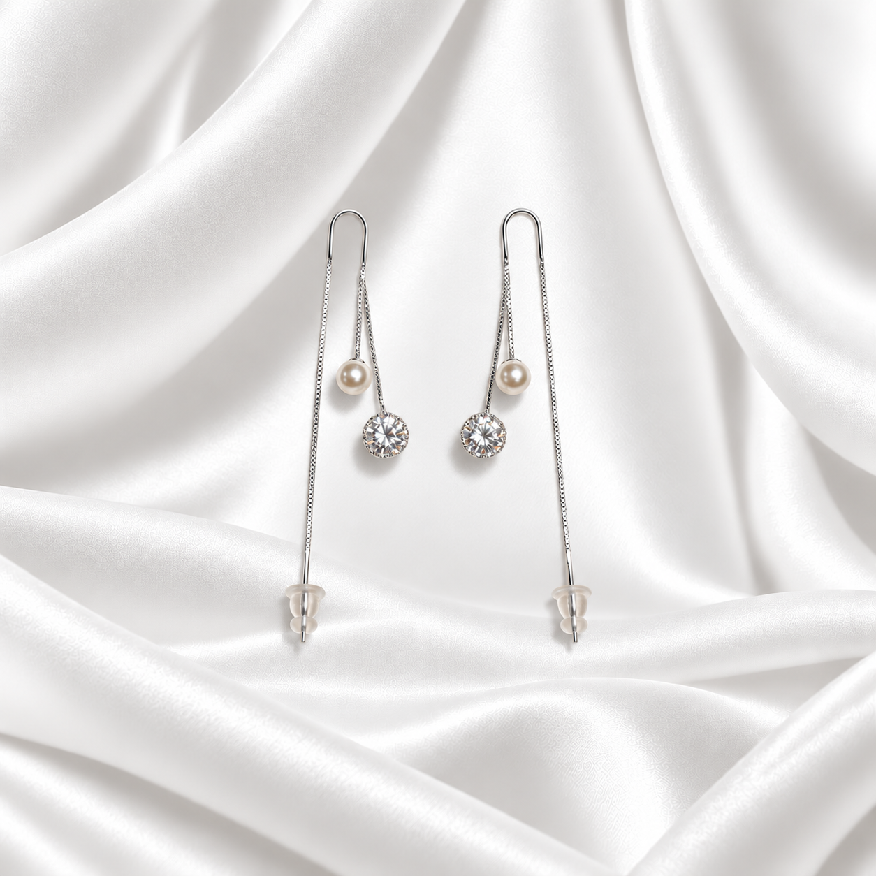 Dual Drop CZ & Pearl Threader Earrings