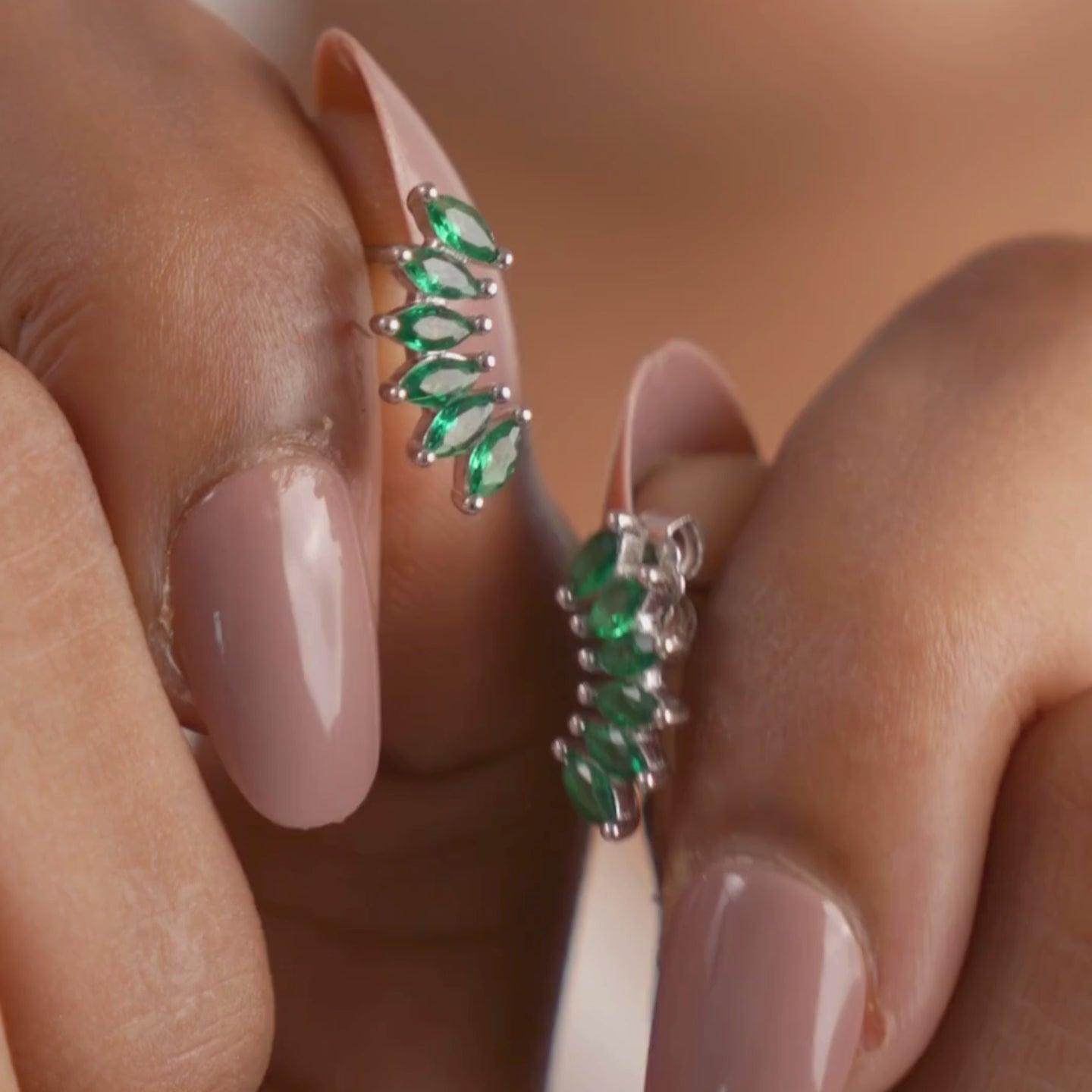 Silver Half Petal - Green Earring